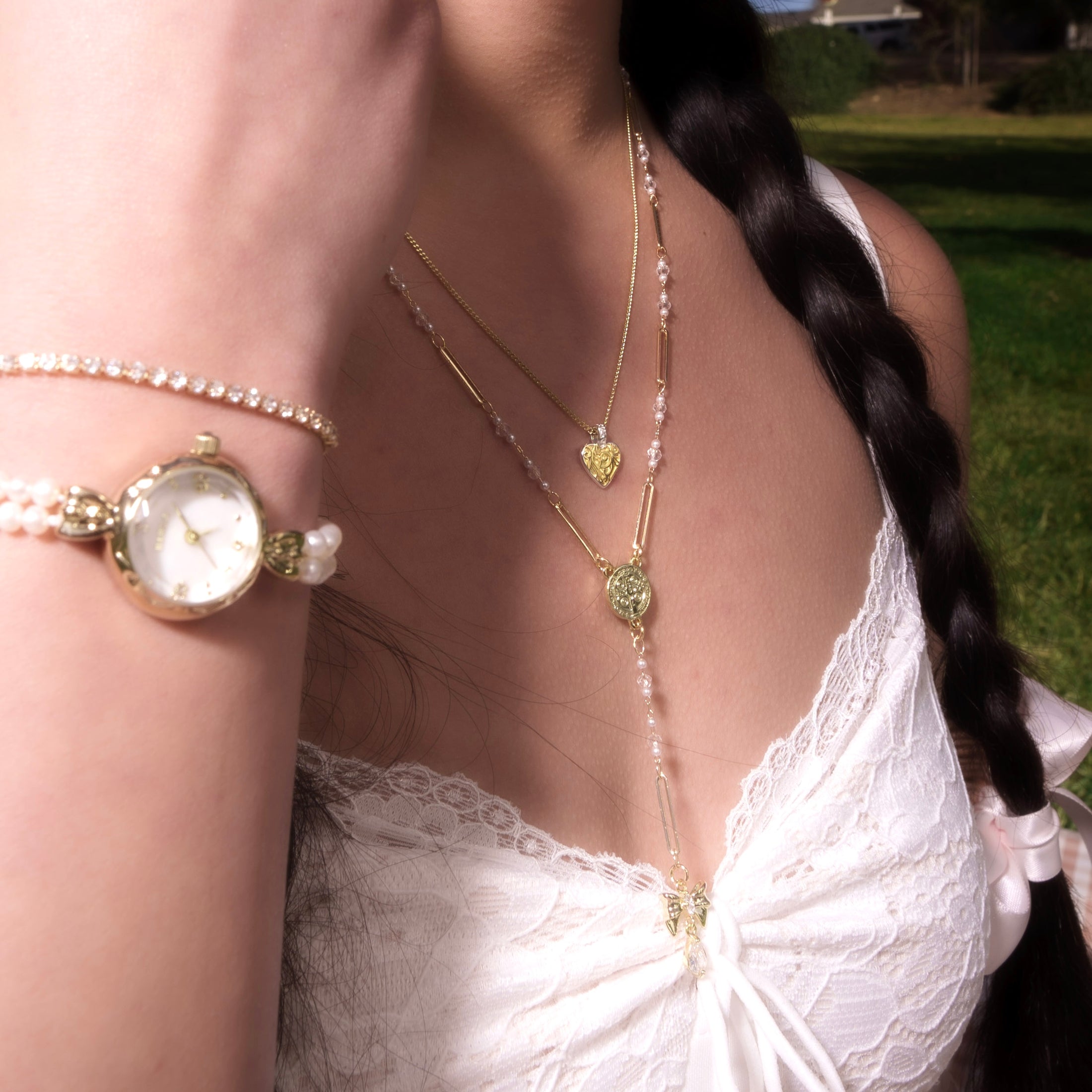 "heaven" 14k gold filled bow rosary necklace