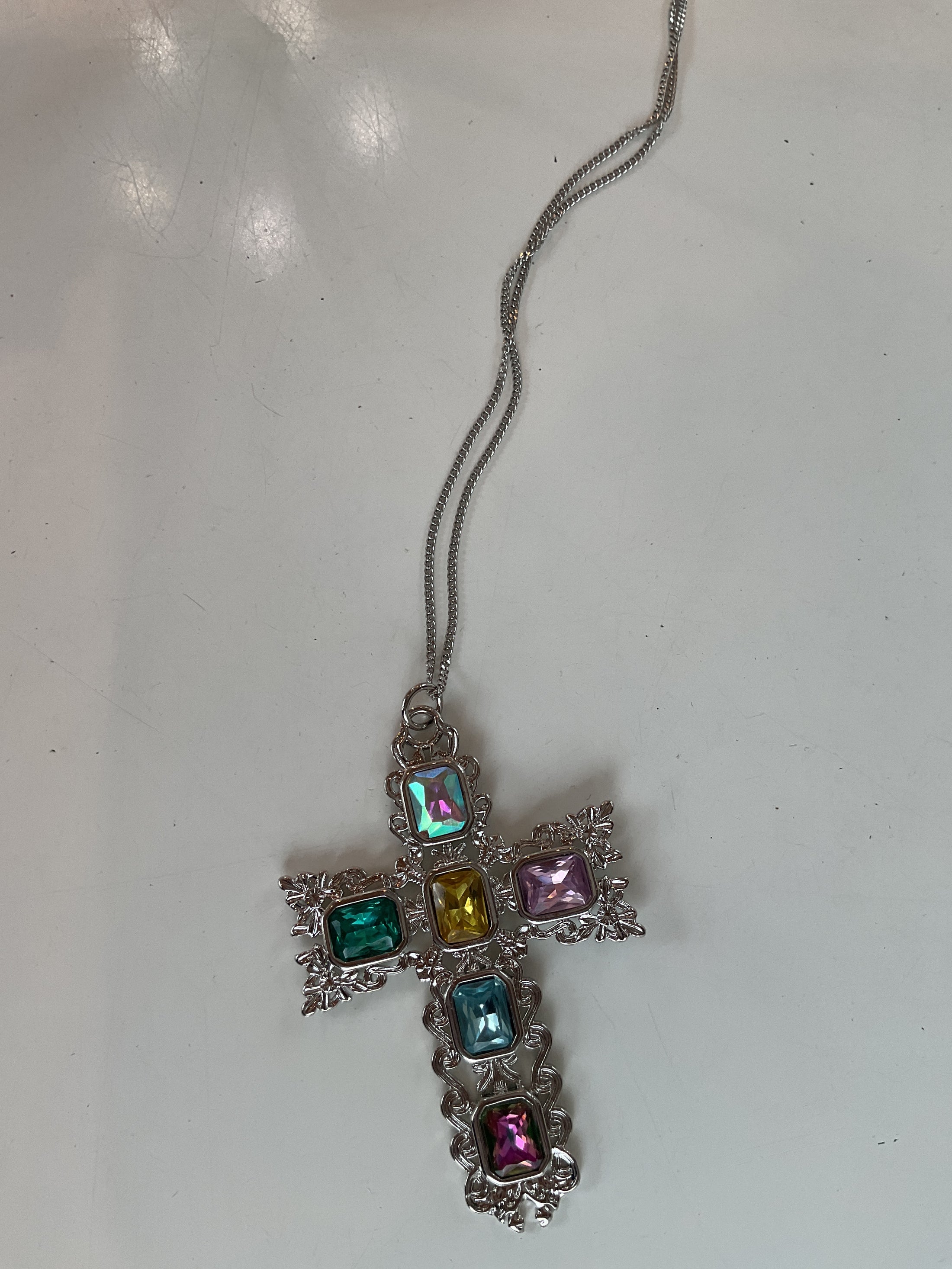16k gold filled 70 mm multicolor baguette artisan cross necklace-silver