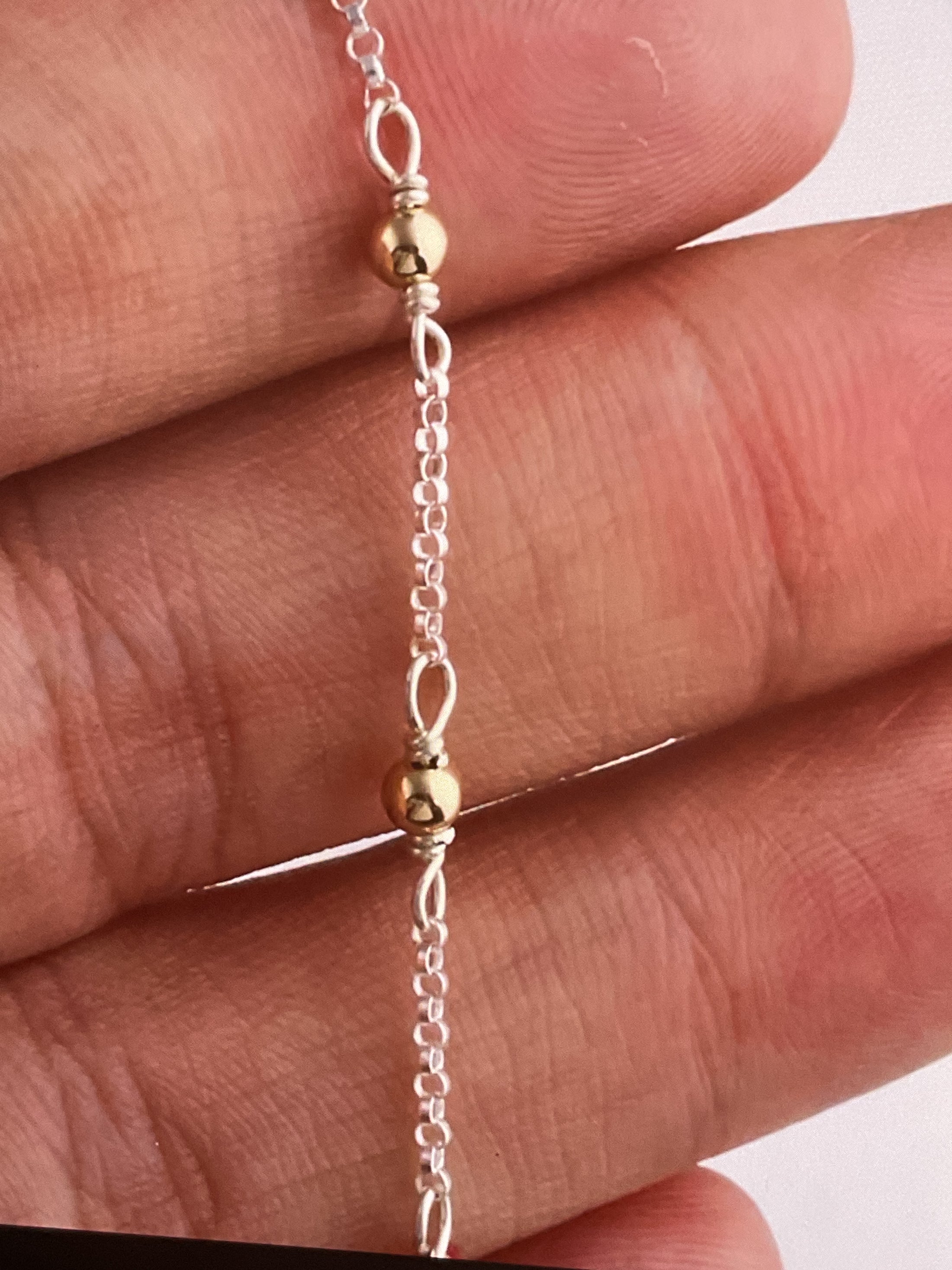 925 Sterling silver 1.3 mm flat cable chain with 3mm 14k gold filled beads- classy chain