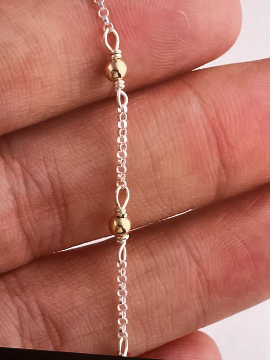 925 Sterling silver 1.3 mm flat cable chain with 3mm 14k gold filled beads- classy chain