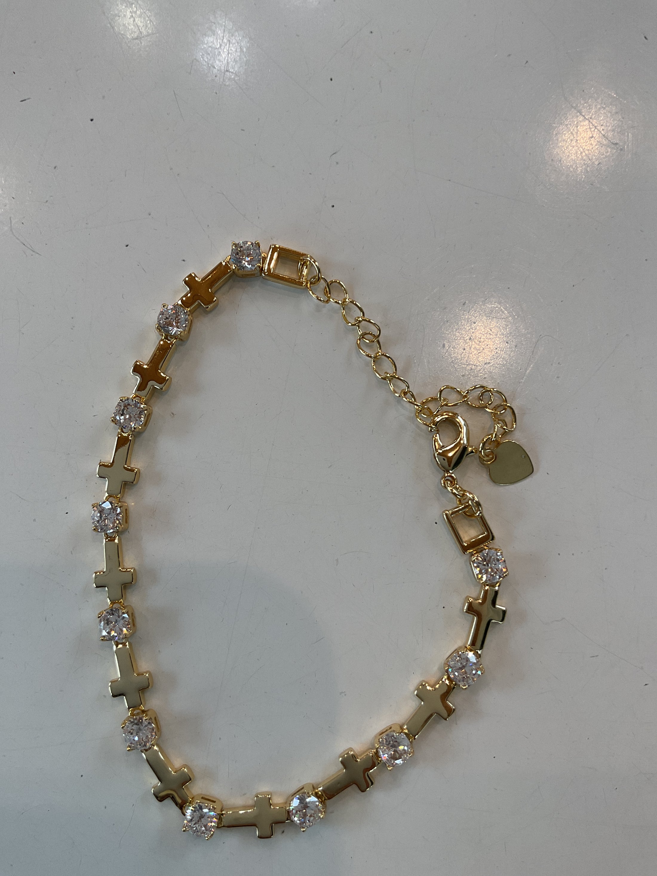 16k gold filled 5mm clear CZ religious cross 7 inch bracelet w extender