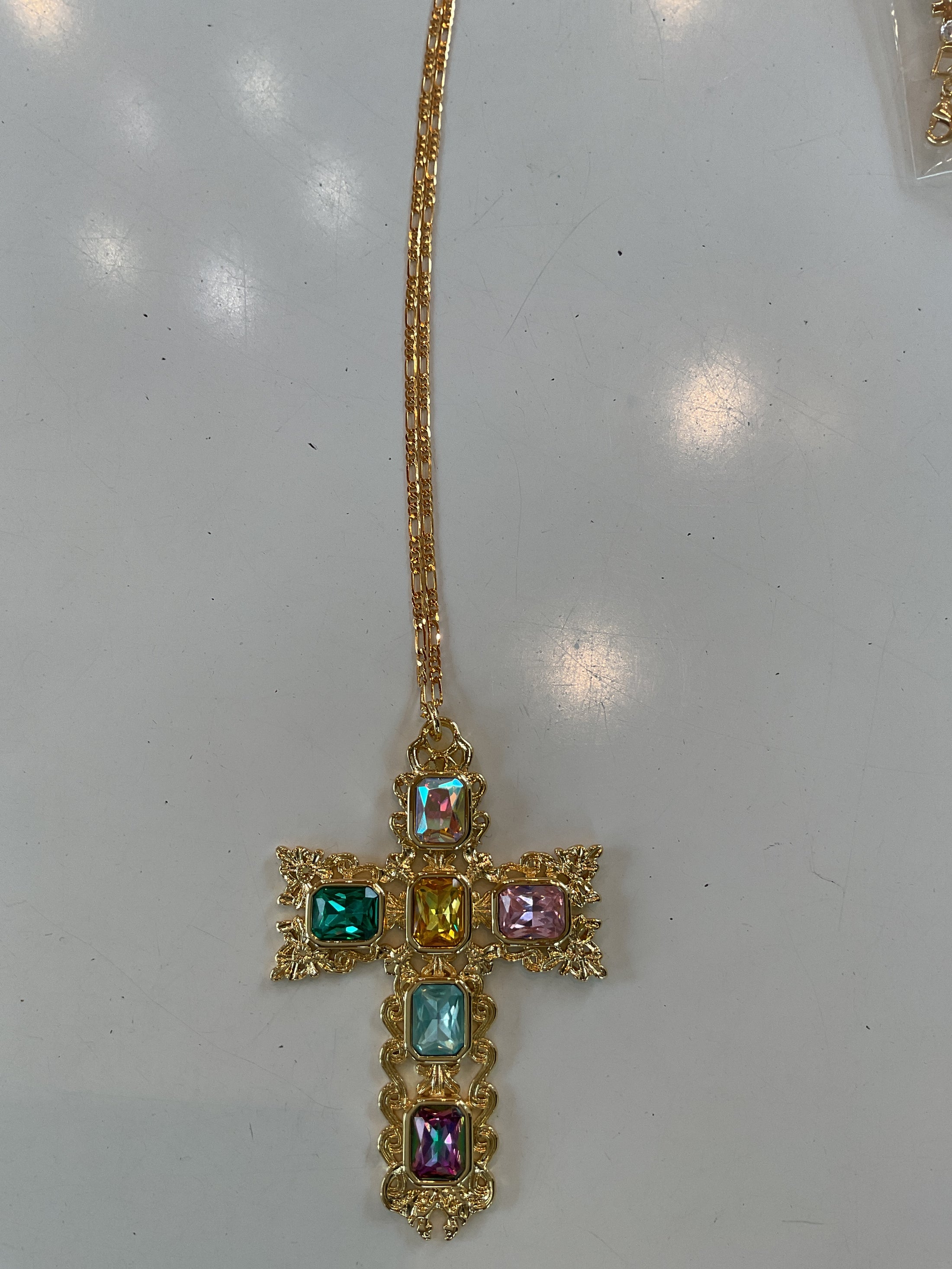 16k gold filled 70 mm multicolor baguette artisan cross necklace- gold